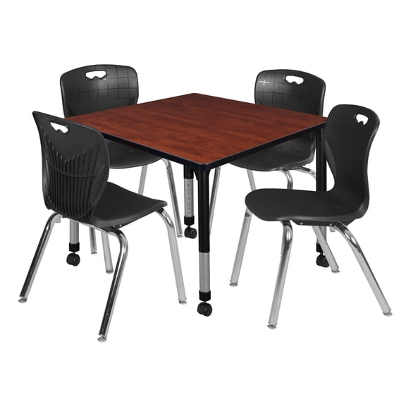 Regency Kee 36 in. Square Mobile Adjustable Classroom Table- Cherry & 4 Andy 18 in. Stack Chairs- Black