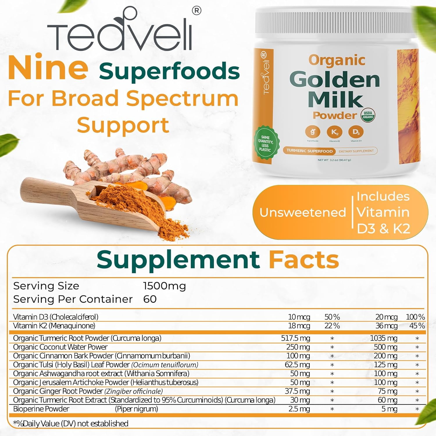 Organic Golden Milk Powder with Vitamin D3 & K2, Turmeric , Ginger , KSM66 Ashwagandha and Nine Superfoods – Dairy Free Turmeric Tea Latte – Supports Restful Sleep, Healthy Bones , Muscles & Immune