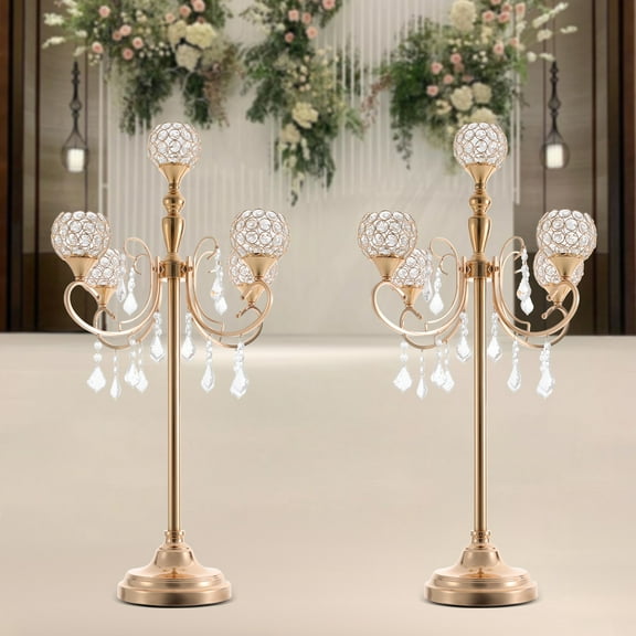 5-Arm Gold Candle Holder with Crystal Pendants, Modern Freestanding Candelabra, Adds Luxury and Warmth to Weddings and Special Occasions