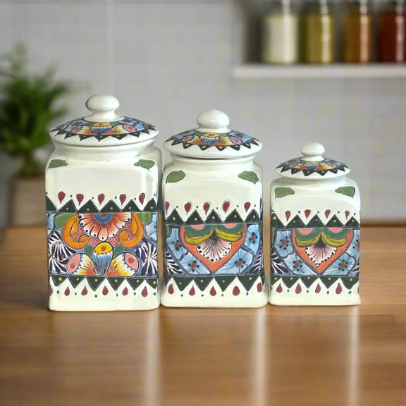 White Talavera Canister Set | Hand-Painted Mexican Kitchen Decor