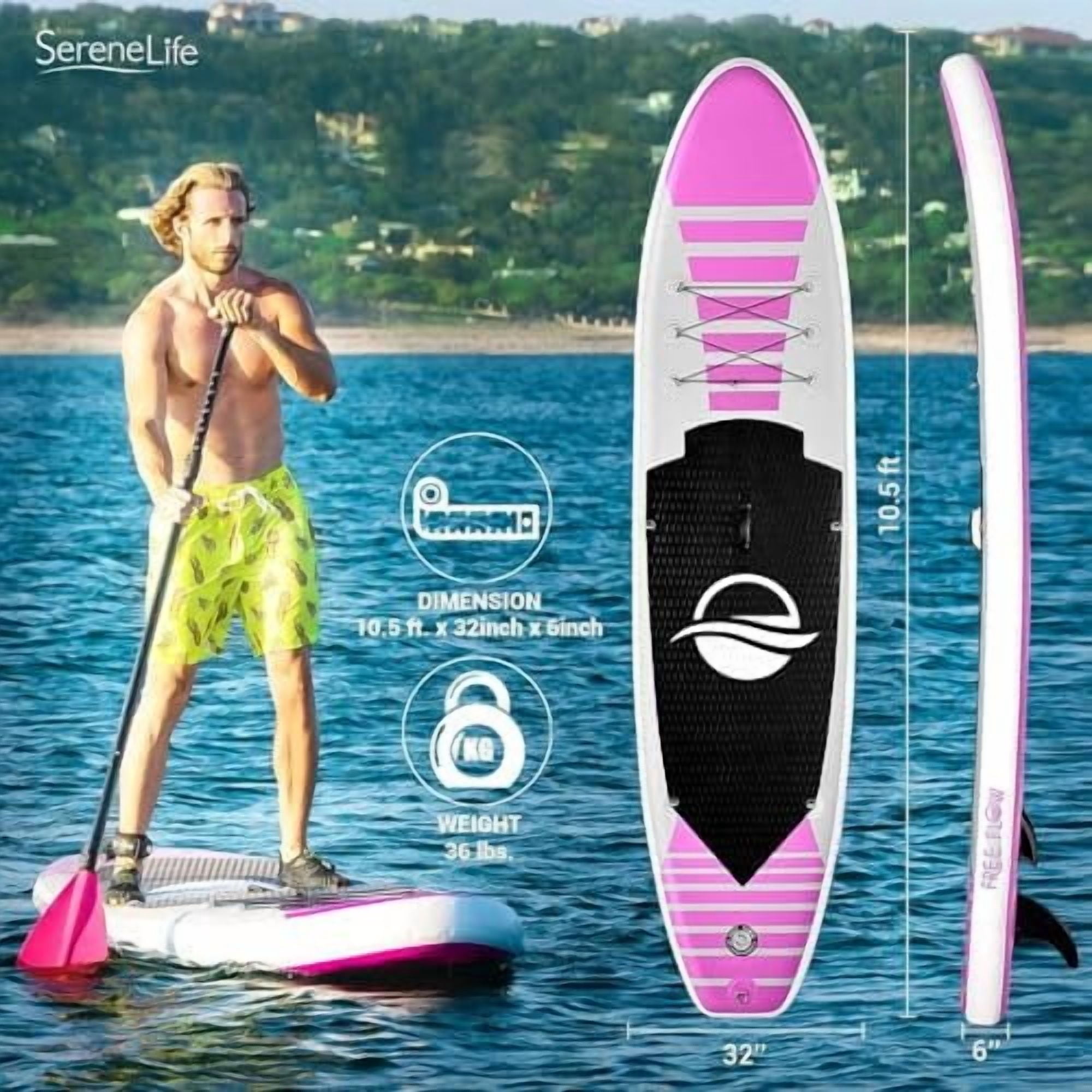 SereneLife 105 Inflatable Stand Up Paddle Board and Detachable Seat  Free Flow SUP Paddleboard Set for Adults, Non-Slip EVA Deck Pad, Marine-Grade Build, 30" Wide Design, 285+ lbs. Capacity