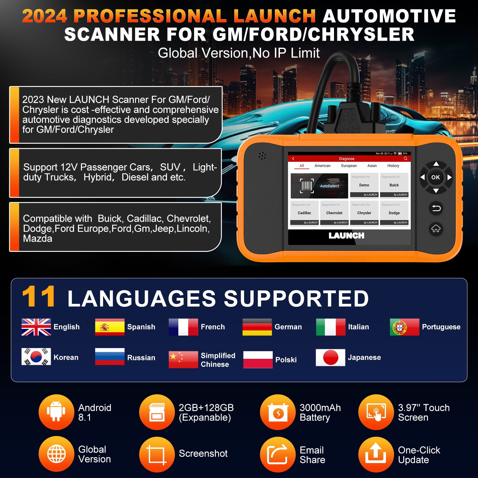 LAUNCH X431 Creader Elite 2.0 for Ford, GM, Chrysler,FGC Car Scan Tool All Reset Full System Diagnostic Scanner with Bi-Directional , AUTOVIN, Lifetime Free Update