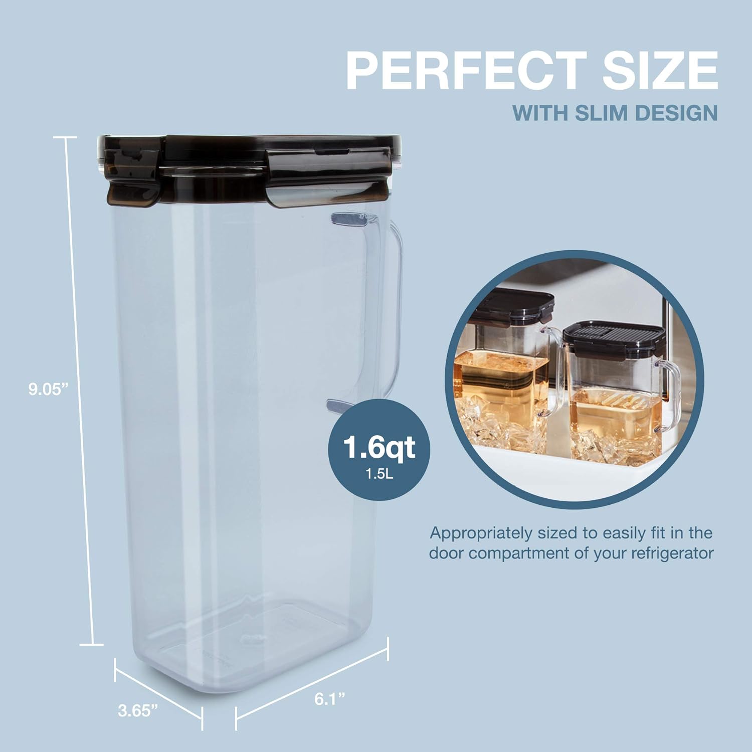 JJEAN-ABF738 Fridge Door Water Jug with Handle, BPA-Free Plastic Drink Pitcher with Flip Top Lid and Detachable Strainer for Juice, Iced Tea, and Other Beverages, 1.6-Quart / 50-Oz