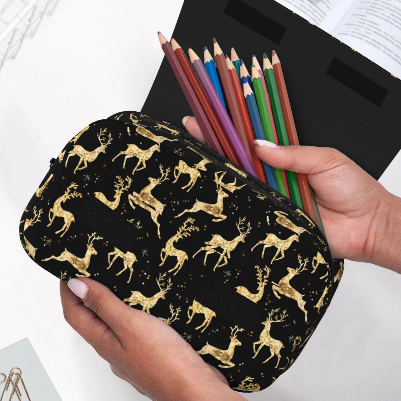 Rateoe Christmas Gold Deers Pattern Double Clamshell Pen Case, Storage Organizer with Two Zipper Compartments– Holds Up to 50 Pencils & Pens