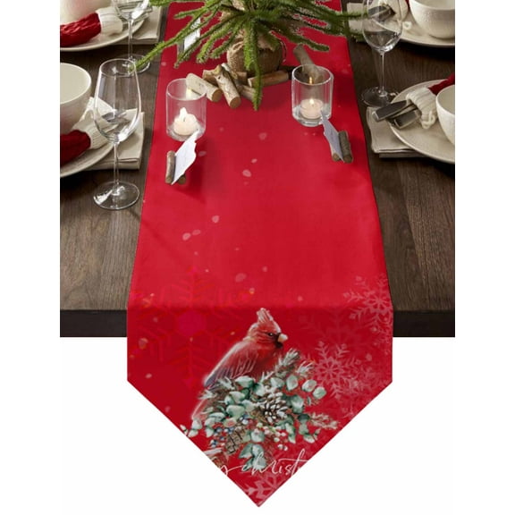 Table Runner Dresser Scarves Christmas Pine Cone and Cardinal Bird Cotton Linen Burlap Table Cover Snowflake Texture on Red Table Runners for Family Kitchen Dining Holiday Party Banquet Decor