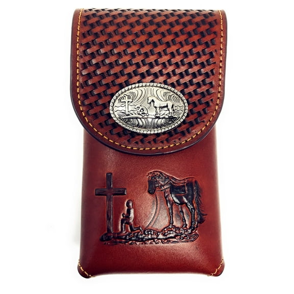 Western Cowboy Medium Size Genuine Leather Praying Cowboy Smartphone Galaxy iPhone Holder Holster Cellphone Case