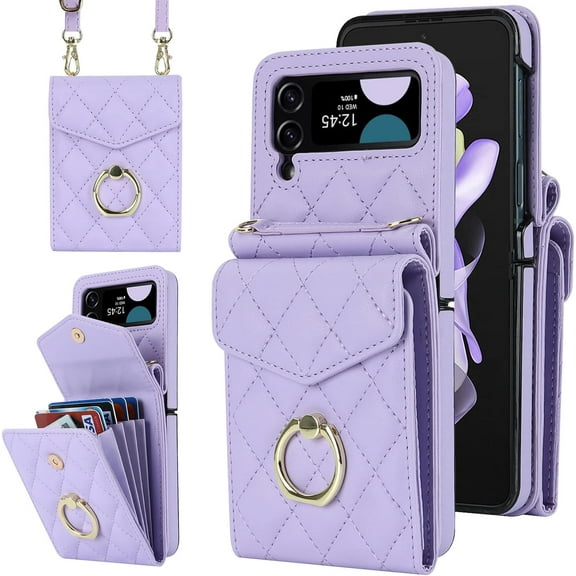 MYKOMI Phone Case for Samsung Galaxy Z Flip 3 5G 2021 Wallet Cover with RFID Blocking Ring Crossbody Wrist Strap Stand Credit Card Holder Leather Cell Accessories ZFlip3 Z3 Flip3 3Z Women Men Purple