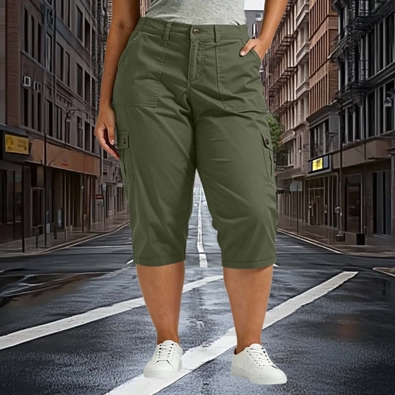 Binmer Women's Plus Size Solid Color Elastic Waist Cargo Capri Pants with Pockets ,Casual Summer Cropped Trousers Army Green,Women's Plus L