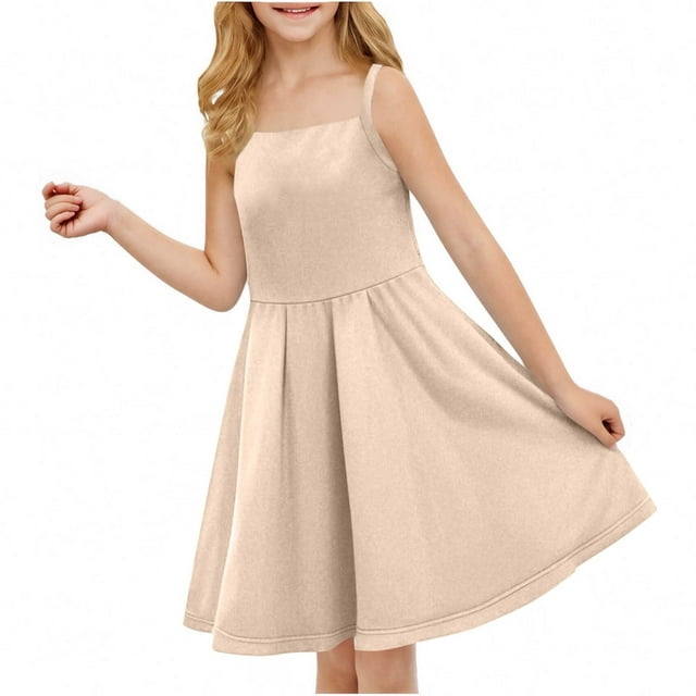 Tranfacy Robe d'Été pour Filles, Robe Camisole pour Filles, Robe Sans Manches Extensible Ligne A Évasée Patineuse pour Récital d'École Robe à Manches Courtes à Col Rond