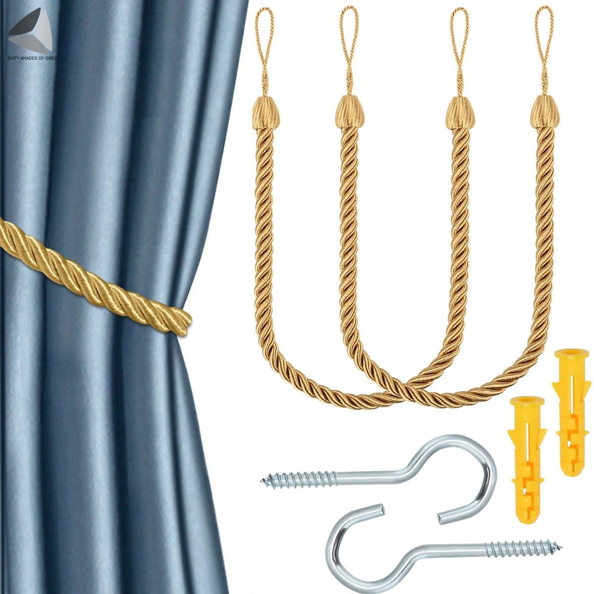 2 Pair Drapery Rope Holdbacks with 4 Metal Screw Hooks BEL AVENIR Curtain Rope Tiebacks Golden 