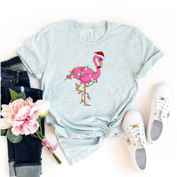 Flamingo Christmas Lights T-shirt Shirt Lover Gift Funny Tee Holiday Top Family Mom Flamingoes Santa Hat Merry Pink Xmas