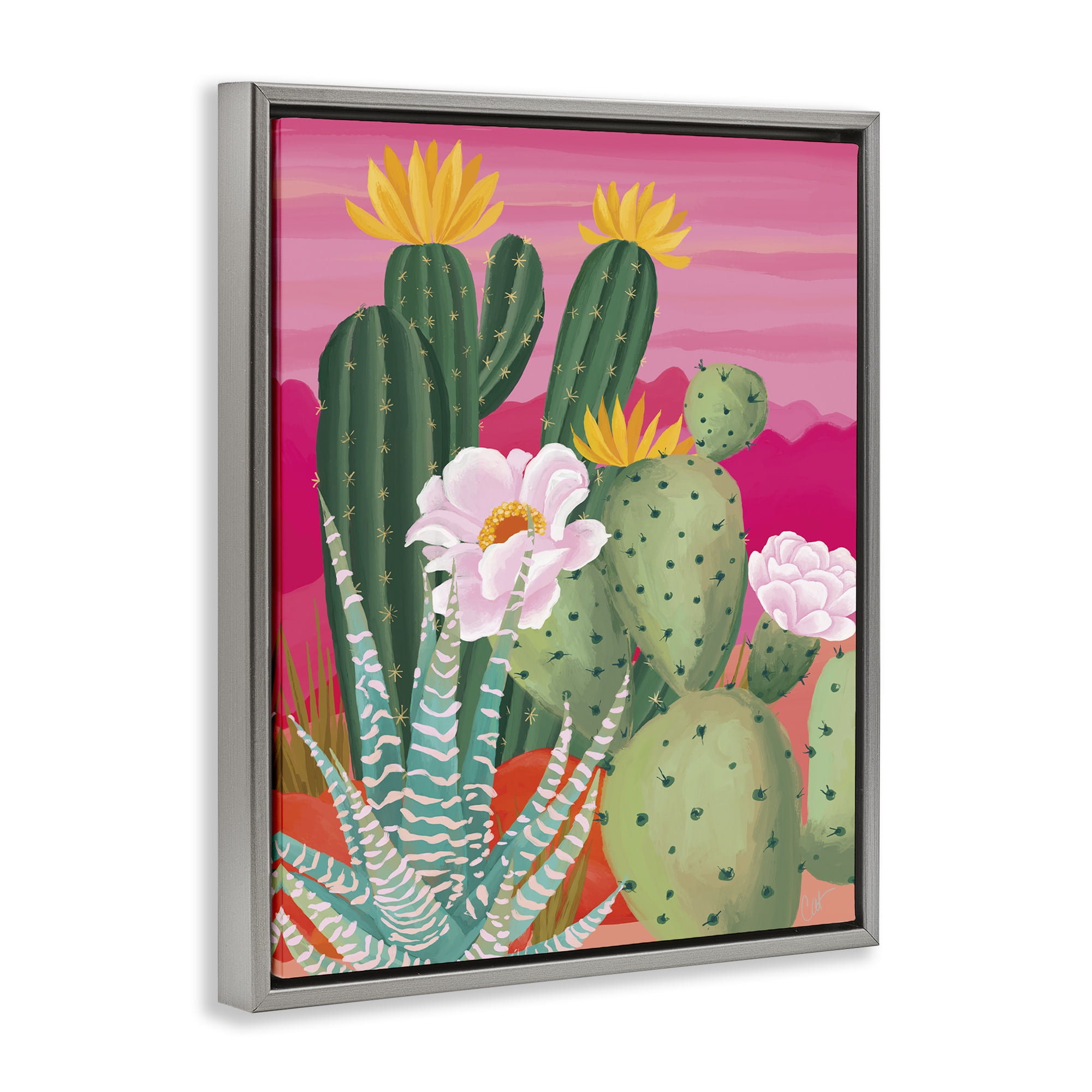 Stupell Industries Sunset Cactus Plants Gray Framed Floater Canvas Wall Art, design by Cat Thurman Designs