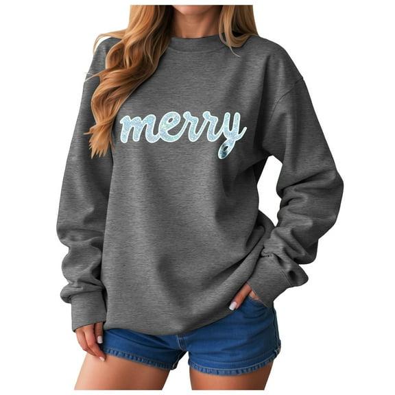 adviicd Womens Christmas Sweatshirts Long Sleeve Xmas Top Funny Holiday Merry Letter Graphic Pullover Sweater (Dark Gray, M)