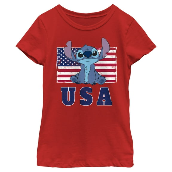 Girl's Lilo & Stitch Distressed Red, White, and Blue Graphic Tee Red Medium