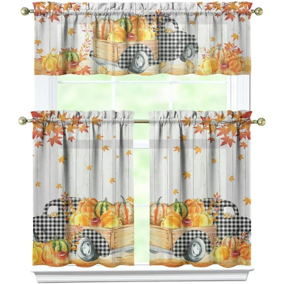 Fall Window Curtains Tier and Valance Set, Fall Decorations for Home, Thanksgiving Fall Kitchen Valances Rod Pocket Autumn Kitchen Curtains Fall Decor, 54" x 18" Valance, 27" x 36" Tier, 3 Panel Set
