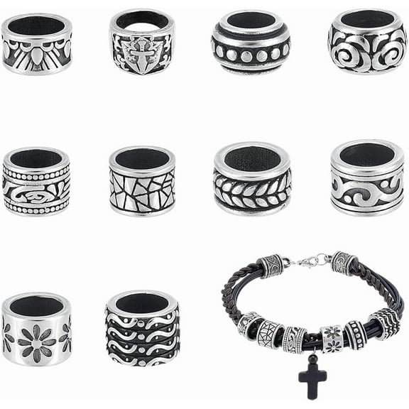 1 Set 10Pcs Paracord Bead 10 Styles Stainless Steel Lanyard Beads 7-9mm Large Hole Beads Antique Silver Column Beads Spacers Beads for Bracelets Necklace DIY Jewelry Braiding Hair Braids
