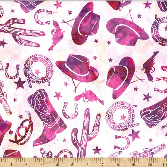 Cotton Cowgirl Dreams Bali Batiks Wild West Boots Hats Horseshoes Hoffman California Fabrics Pink Fabric Print by Yard (W2600-245VICTORIA)