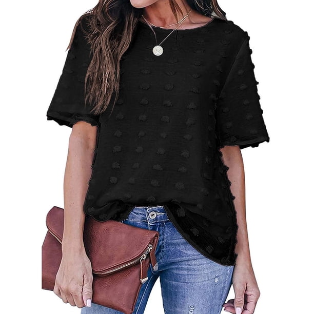 Pntutb - Blusa de manga corta con cuello redondo para mujer, blusa de gasa con lunares Pntutb Pntutb-5647