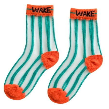 

Toddler Kids Baby Transparent Mesh Crew Socks Contrast Colored Rainbow Striped Letters Jacquard Glass Fiber Ultra Thin Tube Hosiery 1-8T