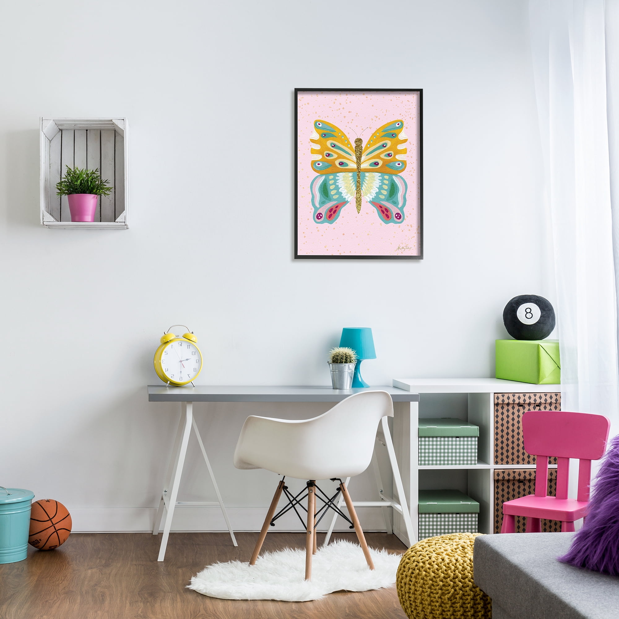 Stupell Industries Glitzy Butterfly on Pink Animals & Insects Painting Black Framed Art Print Wall Art, 24 x 30