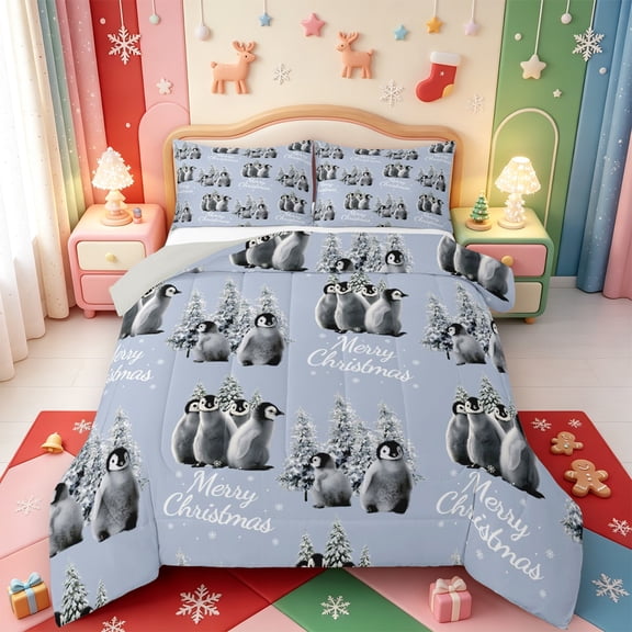 Manfei Happy Christmas Full Size Comforter Sets,Vintage Winter Snow Bedding Comforter Set,Light Gray Reversible,3 Pieces,1 Comforter and 2 Pillowcases