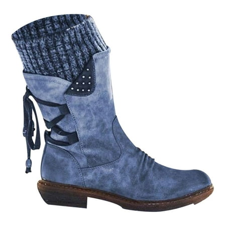 

Women Middle Calf Boots Retro PU Leather Booties Casual PU Low Heel Winter Shoes New