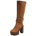 thumbnail image 2 of Women's Faux Suede Knee High Platform Boots, Triple Metal Buckle Strap Chunky High Heel Tall Boots, Side Zipper Fashion Boots, 2 of 9