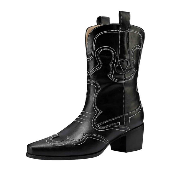 Cowboy Boots for Women Black Red Leather Pointed Toe Chunky Mid Heel Wide Calf Western Cowgirl Boots Slip on Short Booties
