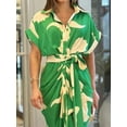 thumbnail image 3 of Women Button Down Ruched Shirt Dress Short Sleeve Lapel V Neck Elegant Party Maxi Floral Dress with Belt Green M, 3 of 5