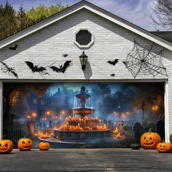 Halloween Garage Door Banner Large Outdoor Welcome Sign Holiday Party Festival Polyester Durable Fade Resistant Easy Installation Store Lightweight for Garage Exterior Trick or Treaters