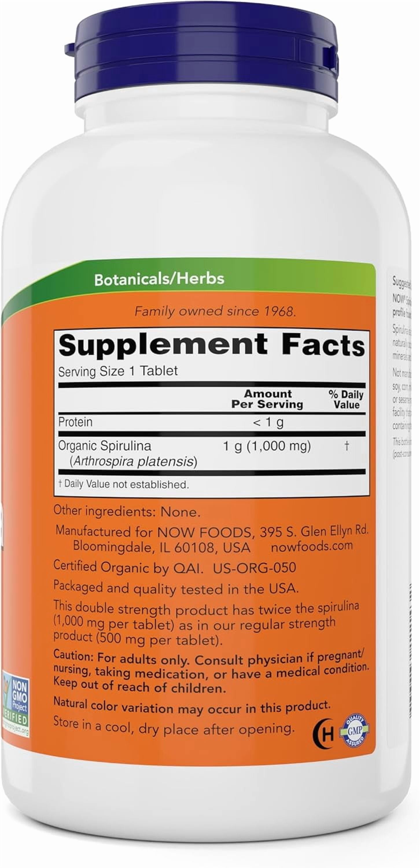 NOW Foods Organic Spirulina 1000mg Tablets - 300 Count - Non-GMO, Super Green Whole Food Supplement - Double Strength 1000 mg