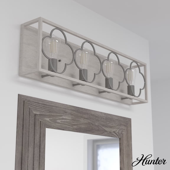 Hunter - Gablecrest 4-light Distressed White, Medium Size Vanity Light, Dimmable, Transitional Style, for Bedrooms, Dining, Living Rooms - 19399