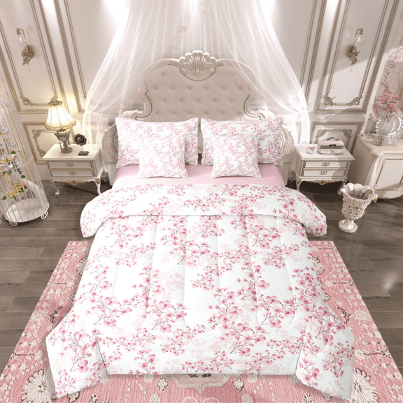 Manfei Cherry Blossom 7-Piece Twin Bedding Sets,Japanese Flower Bedding Comforter Set,Pink White Breathable Sheet Sets,Breathable Floral Bedroom Decorative,Reversible