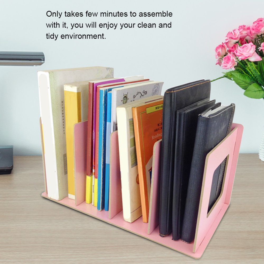 LYUMO Wooden DIY Desktop Bookshelf Rack Books DVD Storage Magazine Holder for Students Kids