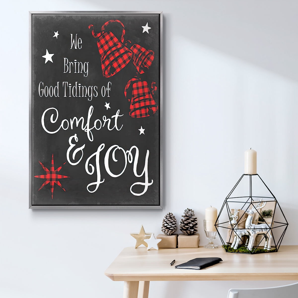 Comfort and Joy in Red - Framed Gallery Wrapped Holiday Canvas - 17 x 25 - Silver Frame