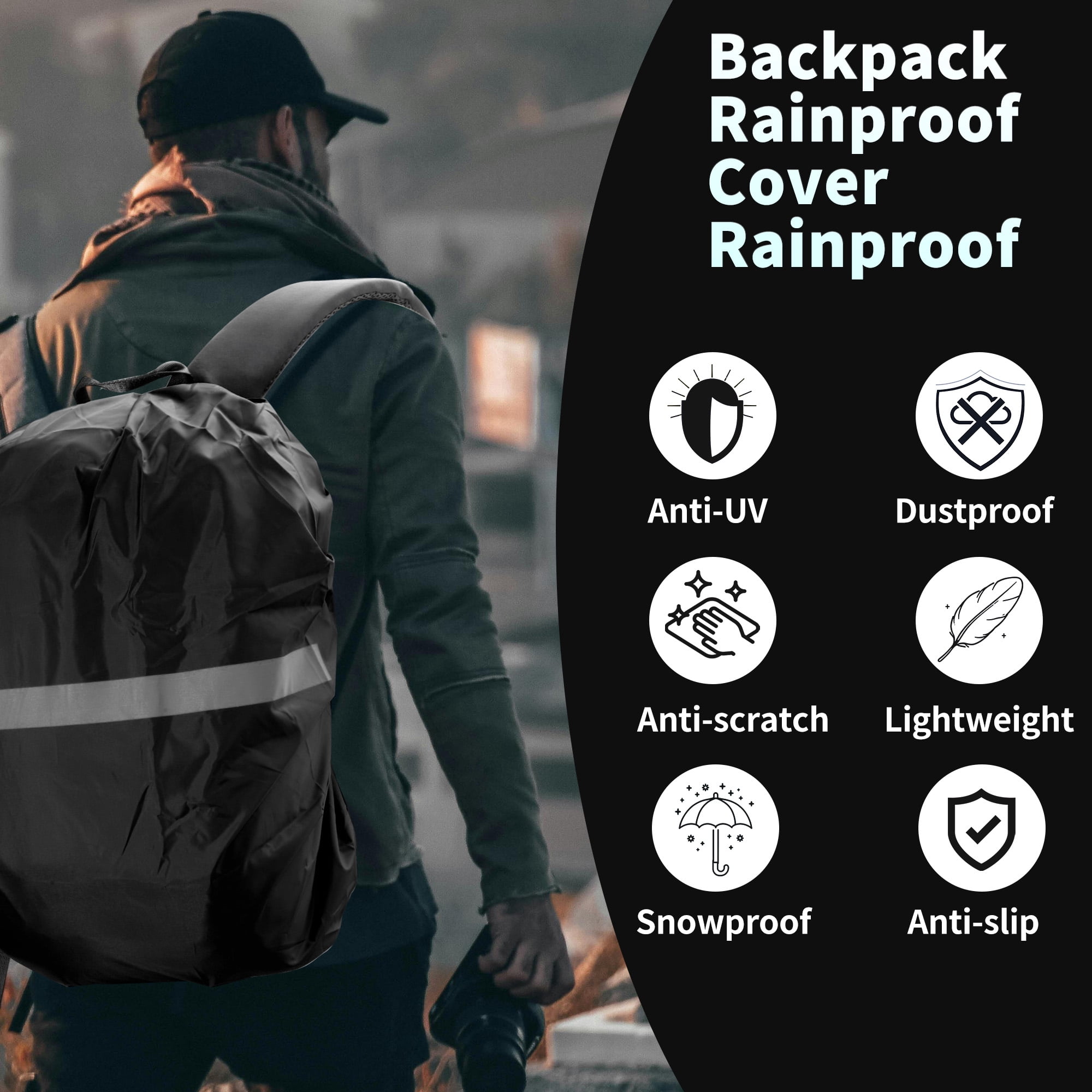 Unique Bargains Reflective Waterproof Backpack Rain Cover Black