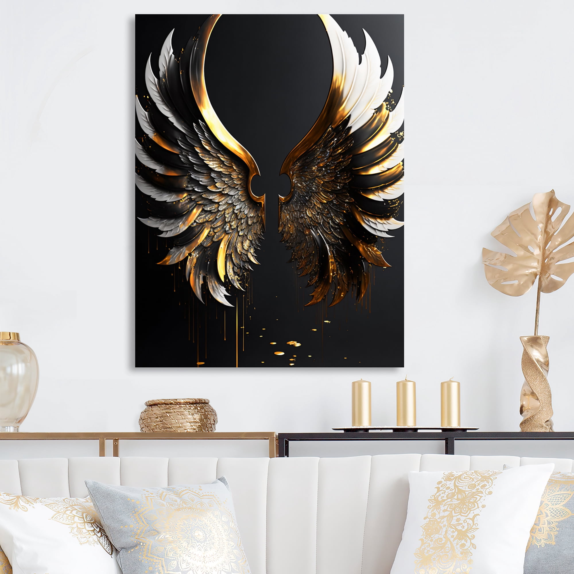 Designart Black Silver And Gold Angel Wings IV Canvas Wall Art