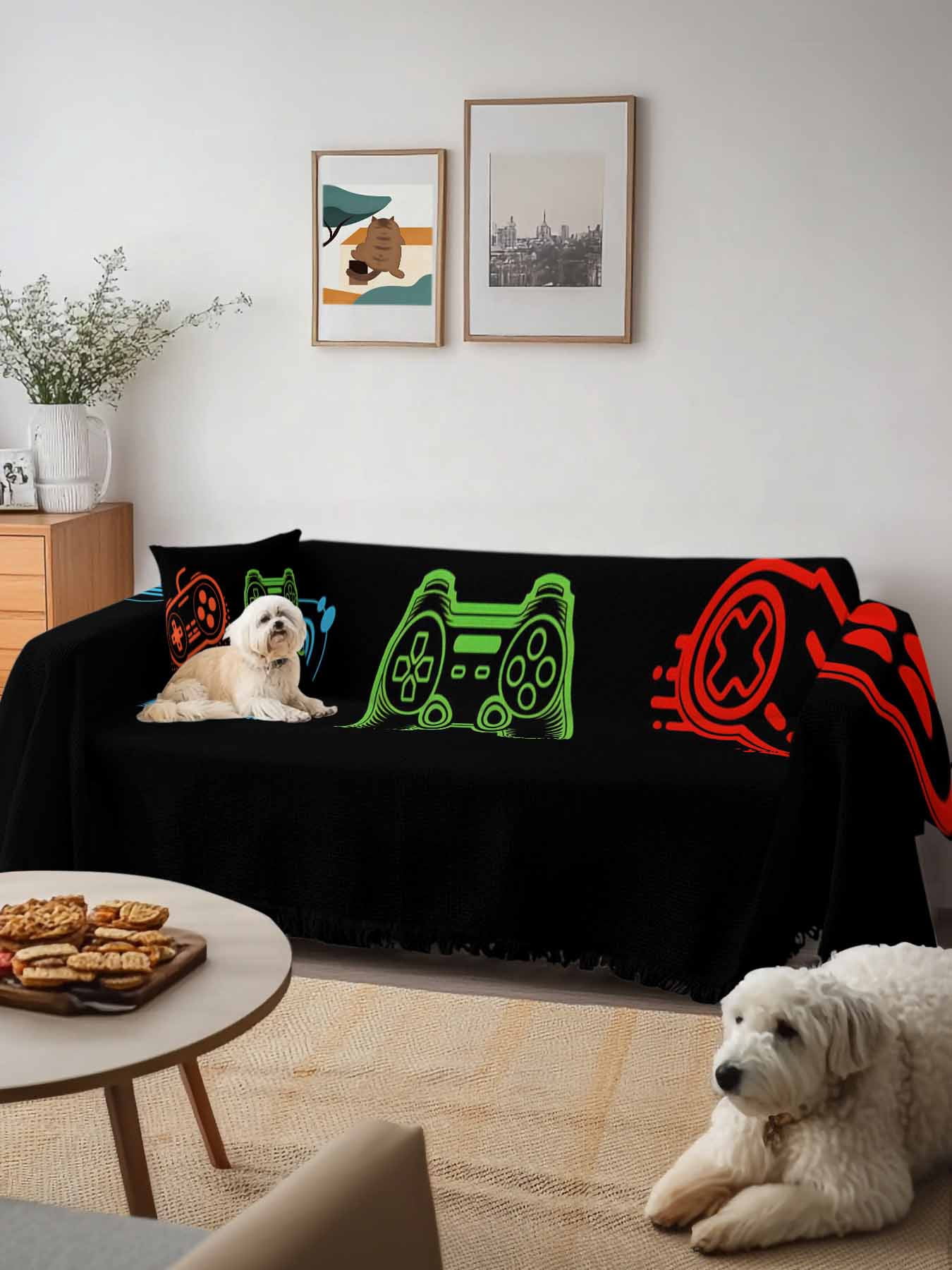 Game Controller Couch Cover, Modern Art Gaming Handheld Black Sofa Cover Blanket for Loveseat Couches, Sectional Sofa Slipcover Furniture Protector for Living Room Bedroom 71''x118''