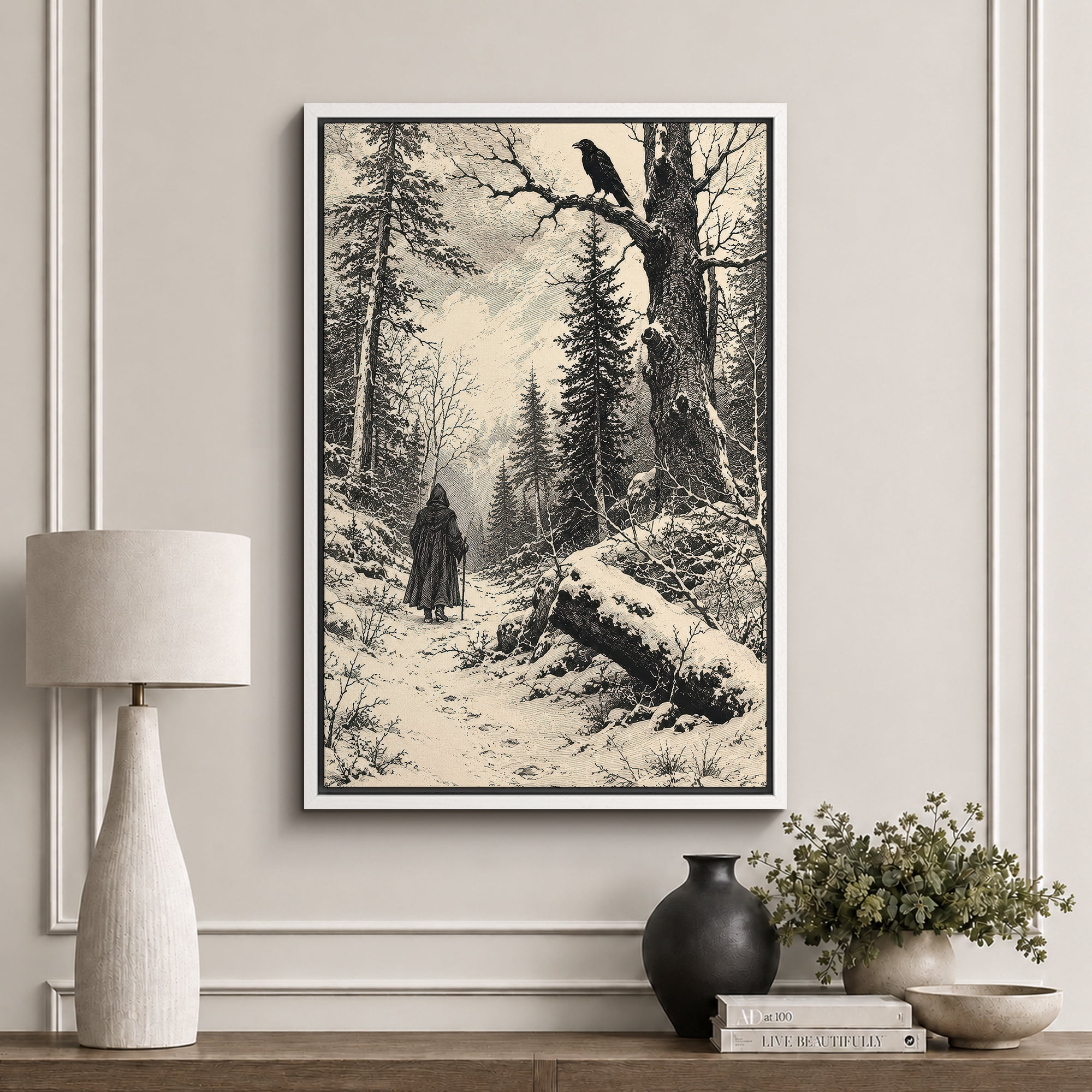 Framed Canvas Print Winter Forest Traveler Wall Art Vintage Decorative for Living Room Bedroom - 16 x24 WHITE Frame
