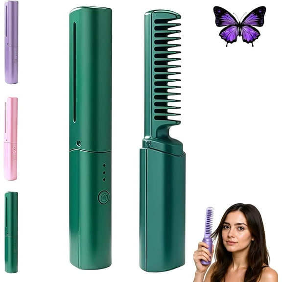 Ceramic Hairdressing Comb for Smooth Frizz-Free Hair, 2-in-1 Mini Cordless Curling Iron with 3 Heat Settings, USB Rechargeable for All Hair Types