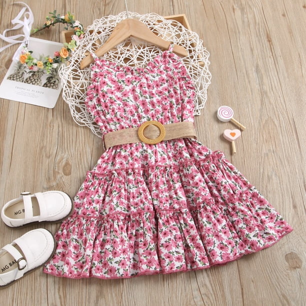 Vestido de princesa de verano para niñas pequeñas con cinturón de 1 a 6 años, estampado de flores, sin mangas, hasta la rodilla, vestido acampanado, vestido veraniego para niños, ropa 110 (4T) Gao Jinjia LED