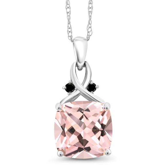 Gem Stone King 10K White Gold Peach Nano Morganite and Black Diamond Pendant Necklace for Women (4.38 Cttw, Gemstone October Birthstone, Cushion Cut 10MM, with 18 inch Chain)
