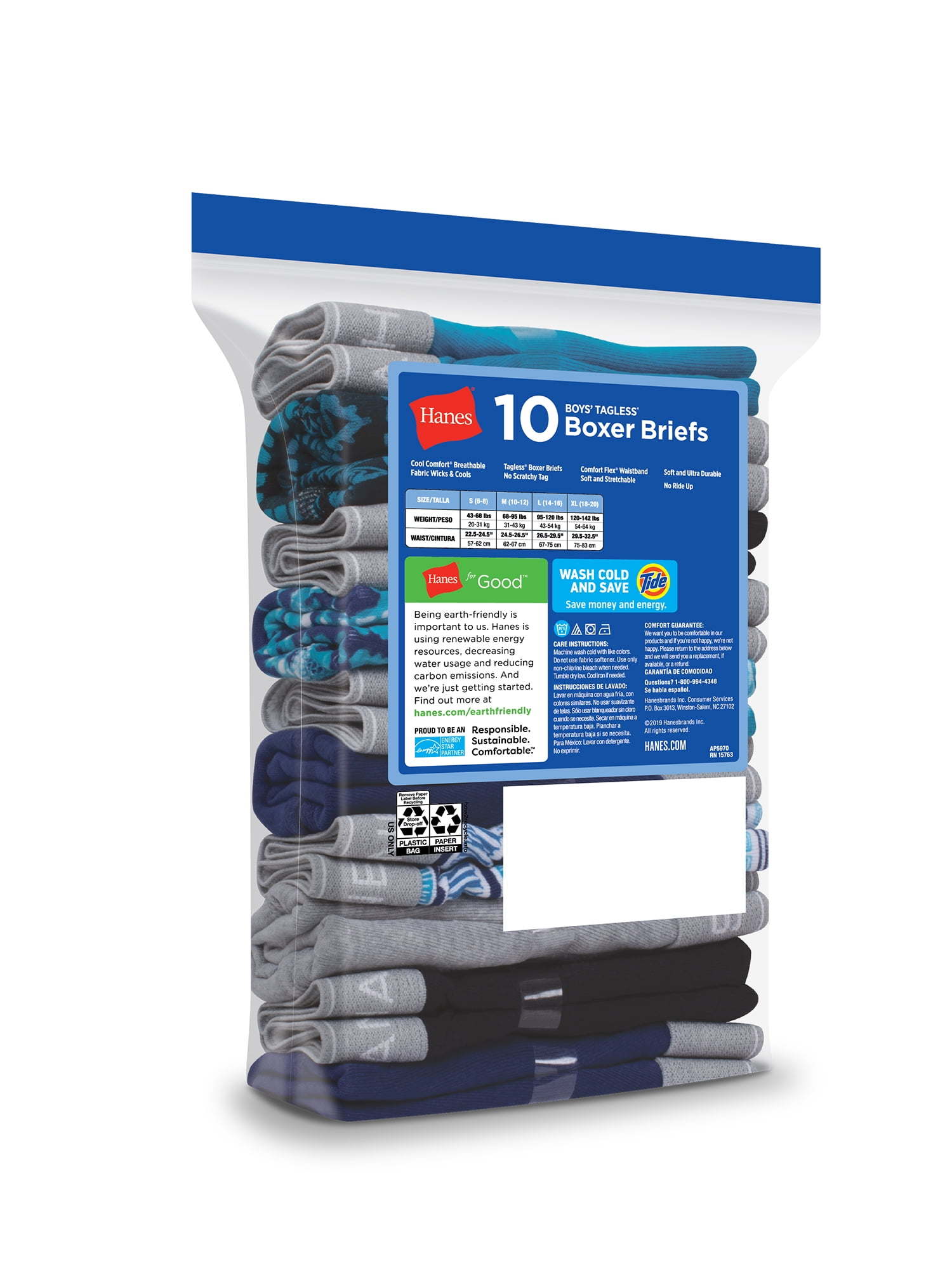 Hanes Boys’ Comfort Flex Tagless Boxer Briefs, 10 Pack, Sizes S-XL