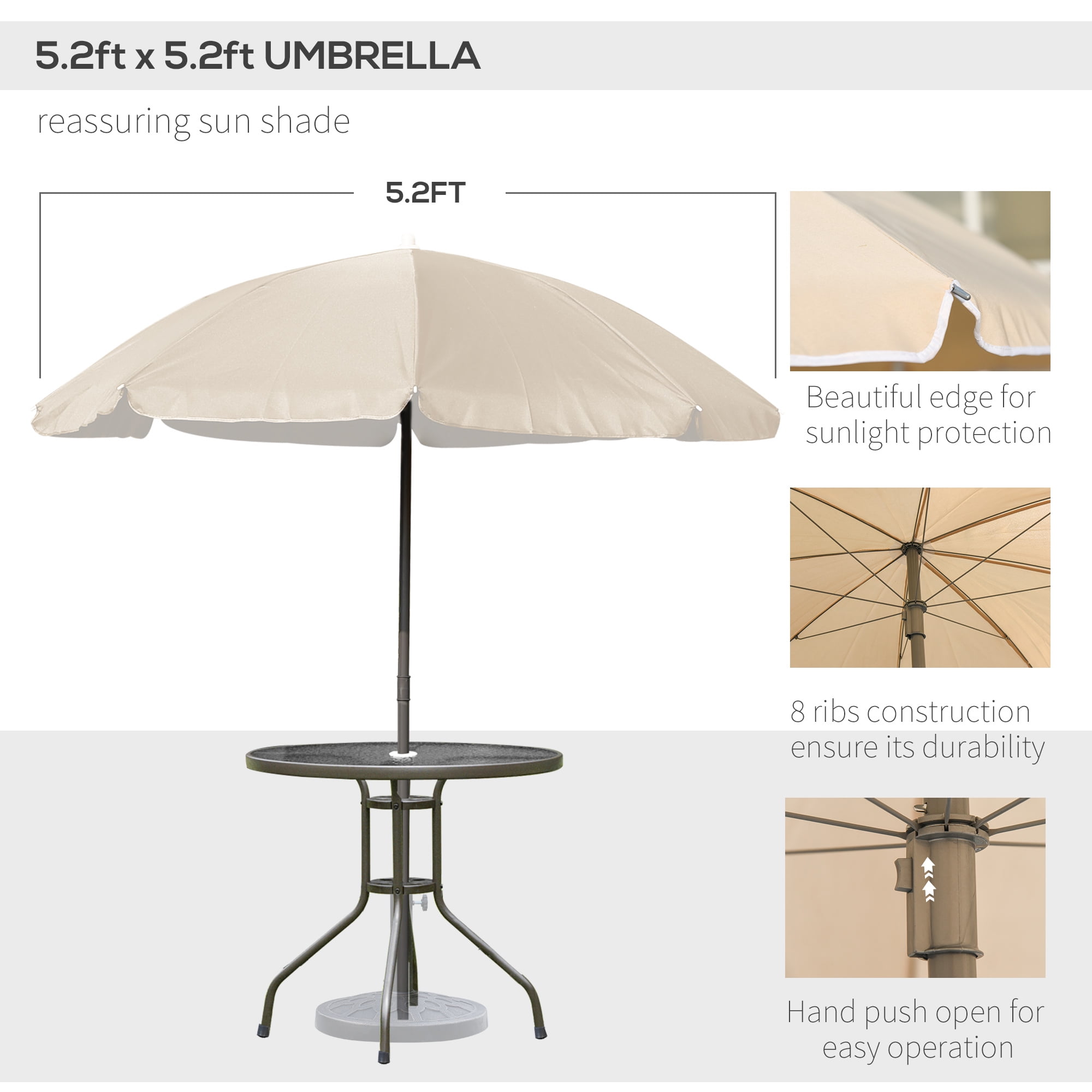 Outsunny 6 Piece Fabric Patio Dining Set for 4 with Umbrella, Outdoor Table and Chairs, Beige