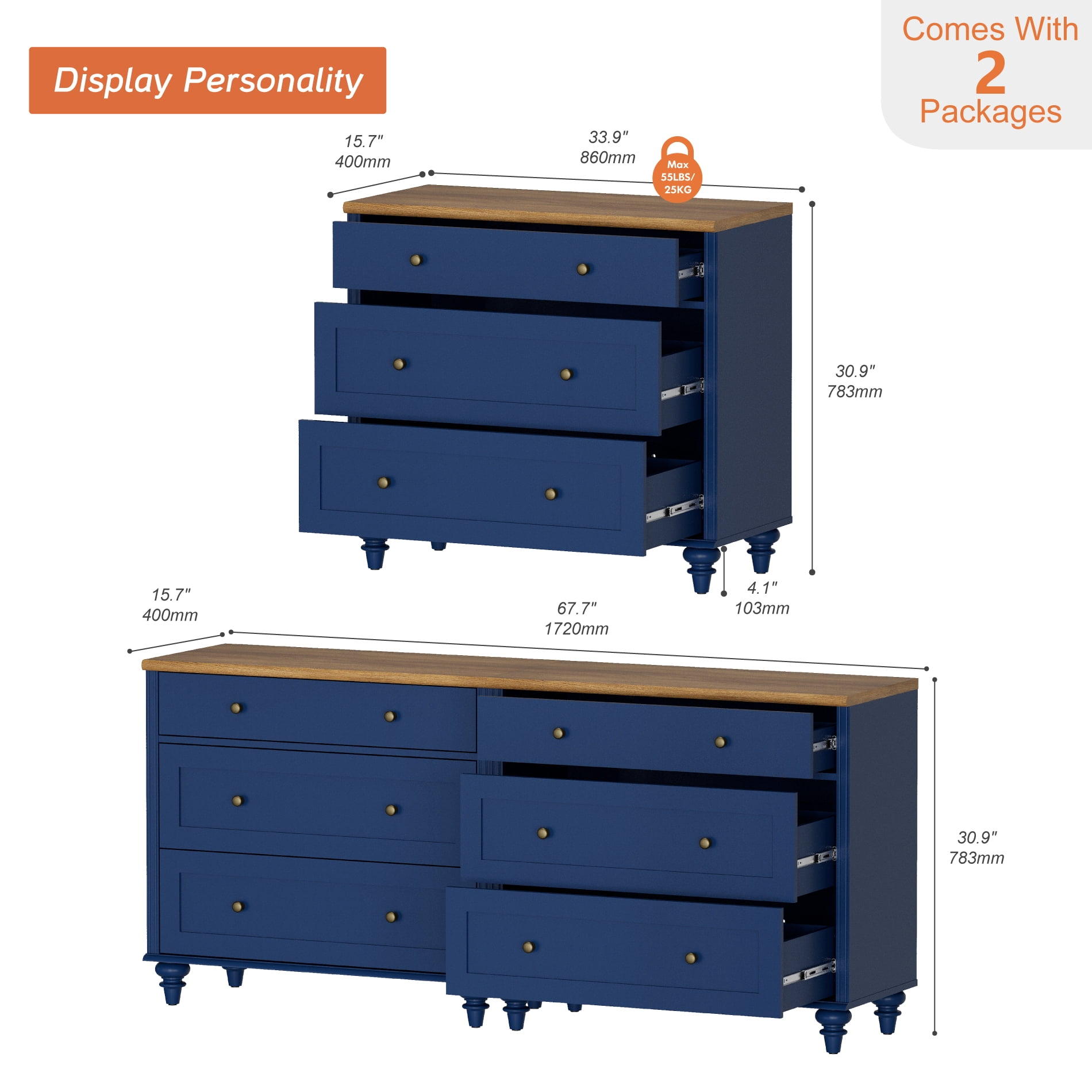 Dresser for Bedroom with 6 Drawers, Kids Dressers with Wide Chest of Drawer, Mid Century Modern Wooden Closet Storage Organizer, Large Wood Dressers for Living Room, Nursery, Hallway, Navy Blue