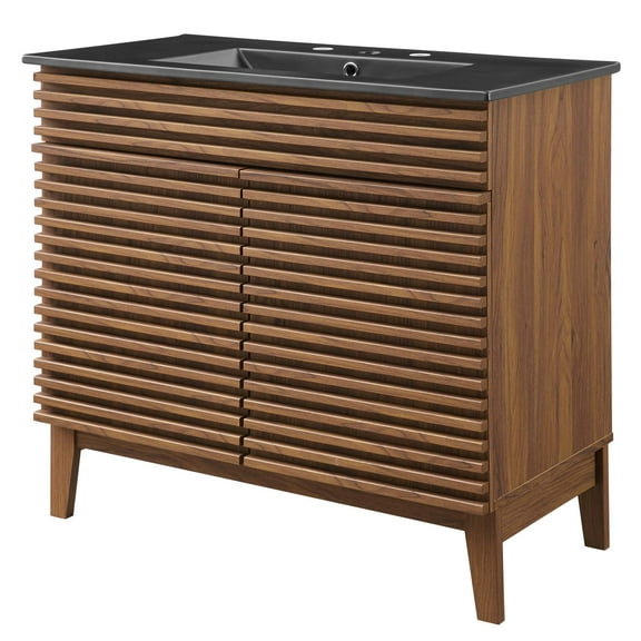 Sink Vanity Cabinet, Wood, Brown Walnut Black, Modern Contemporary Urban Design, Hotel Bedroom Bathroom Master Suite Guest