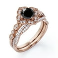 thumbnail image 4 of JeenMata Art-Deco Milgrain Floral Cluster 1.5 Carat Round Shape Lab Created Black Diamond and Moissanite Crossover Pave Bridal Ring Set in 18K Rose Gold Plating over Silver, 4 of 7