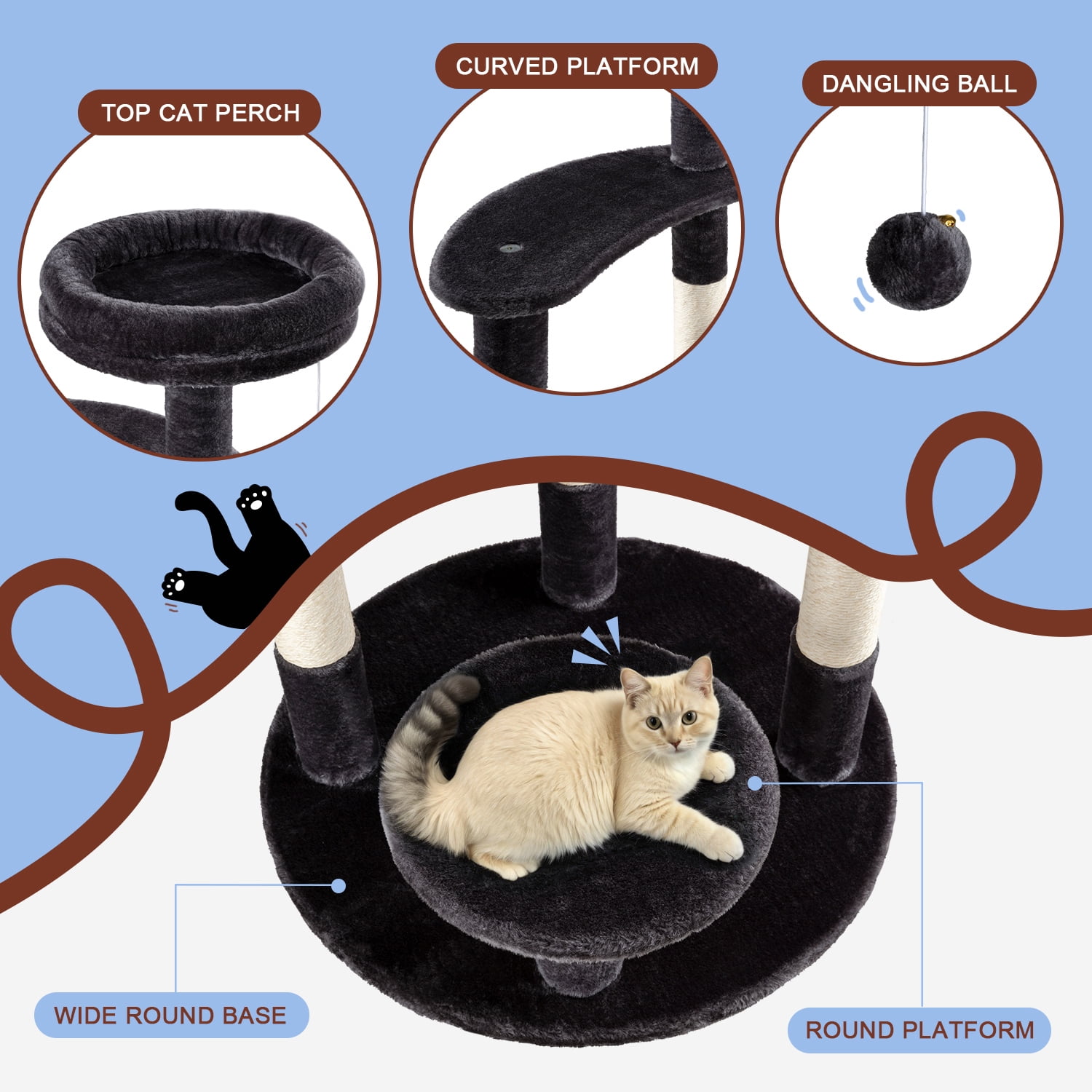 Amolife 55.5" Large Cat Tree and Tower with 5 Scratching Posts, Cat Perches for Indoor Cats and Kittens, Blue Gray