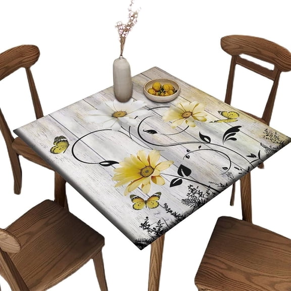 Yellow Flowers Elastic Edged Fitted Table Cover, Floral White Daisy Black Leaves Square Fitted Table Cloths, for Indoor Holiday Family Banquet and Outdoor Patio Use, Fits to 36 x 36 in Table