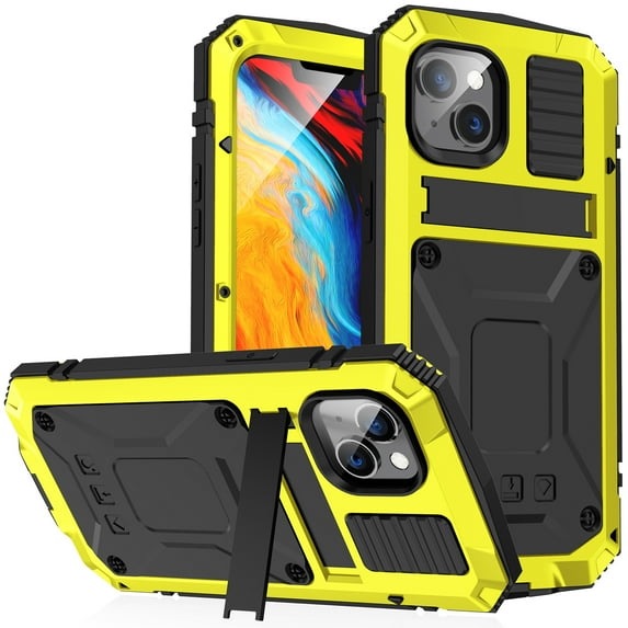 ELEHOLD for iPhone 14 Plus 6.7 Inch 2022 Case, Heavy Duty Armor Built-in Explosion-Proof Tempered Glass Screen Protector Wireless Charging Hang Rope Hidden Kickstand Shockproof Rugged Case,Yellow
